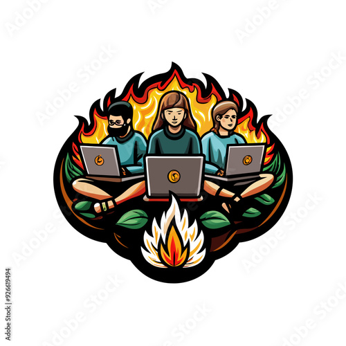 Vector artwork of a digital nomad retreat with people working on laptops, relaxing by a pool, and enjoying nature.