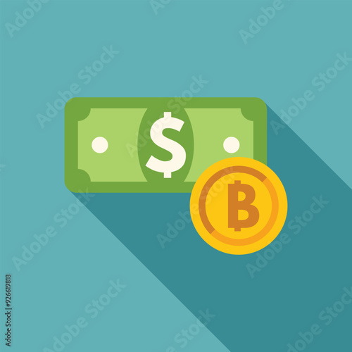 Gold bitcoin is laying near a dollar banknote, illustrating the concept of cryptocurrency replacing fiat money