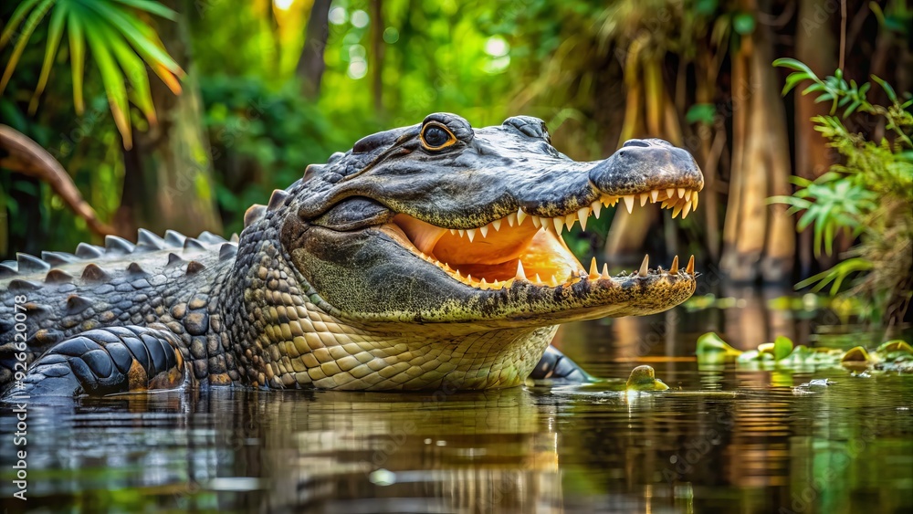 Obraz premium A large American alligator emerges from murky swamp waters, its scaly body and powerful jaws a testament to its dominance in the humid, subtropical habitat.