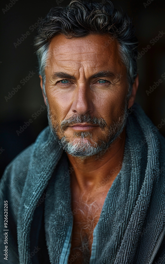 A man with a beard and glasses is wearing a blue towel. He looks tired and is looking at the camera A man with a beard and glasses is wearing a blue towel. He looks tired and is looking at the camera