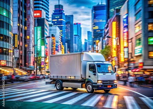 A large delivery truck navigates through crowded streets of Tokyo, Japan, surrounded by tall buildings, neon signs, and blurred city lights on a busy day. photo