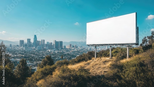 Blank billboard overlooking a city skyline.