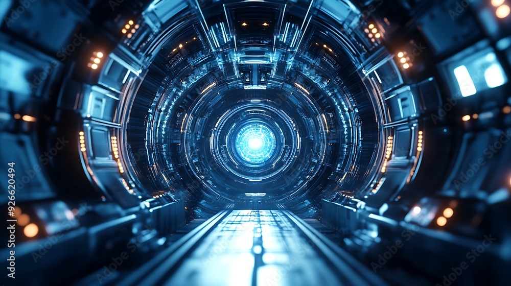 Futuristic blue and orange glowing sci-fi tunnel. Futuristic blue and orange glowing sci-fi tunnel.