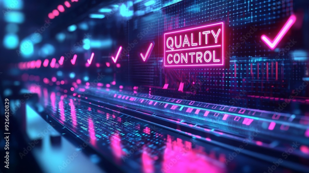 Quality Control An abstract digital scene where glowing checkmarks and quality control symbols float above a production line Quality Control An abstract digital scene where glowing checkmarks and quality control symbols float above a production line