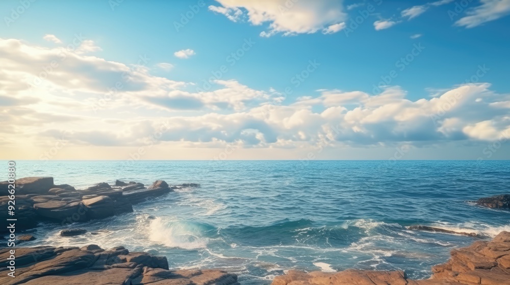 Obraz premium A serene coastal scene with sand, ocean, and a beautiful sky.