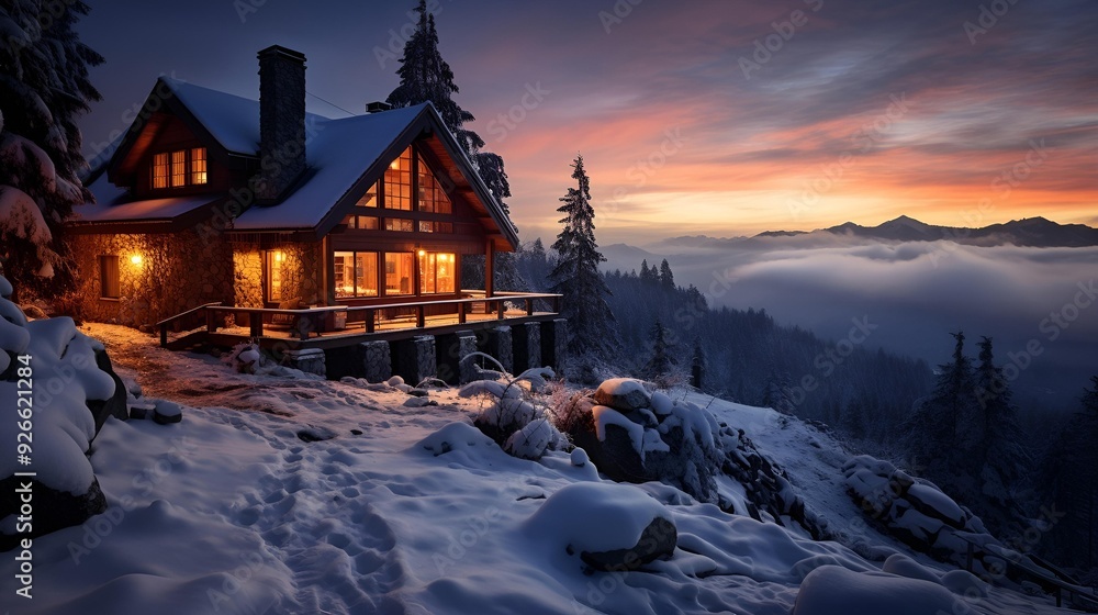 Fototapeta premium A serene cabin surrounded by snow, illuminated by the warm hues of a sunset.