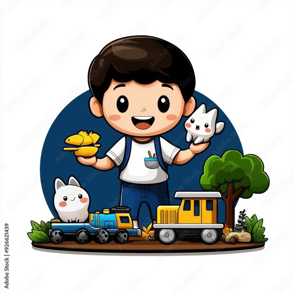 Cute cartoon illustration of a boy playing with a toy train in a park, colorful line drawing, children's style, simple attire, clean pure white background, hand-drawn material, easy to cut out, Cute cartoon illustration of a boy playing with a toy train in a park, colorful line drawing, children's style, simple attire, clean pure white background, hand-drawn material, easy to cut out,