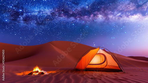 Desert camping under Milky Way with campfire