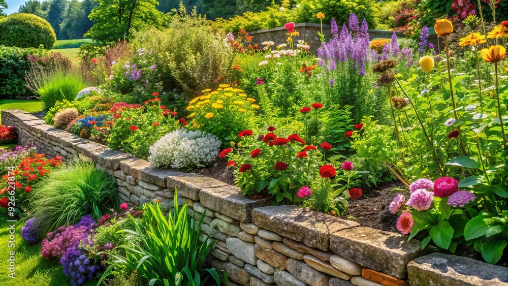 A lush green garden bed overflowing with vibrant flowers and fresh herbs, surrounded by rustic stone edging, requires gentle weeding maintenance on a sunny day. A lush green garden bed overflowing with vibrant flowers and fresh herbs, surrounded by rustic stone edging, requires gentle weeding maintenance on a sunny day.