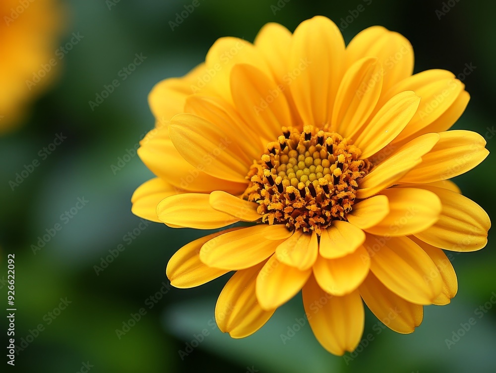 Closeup Perspective of a Vibrant Yellow Flower with Detailed Petals and a Center of Pollen Soft Green Background Closeup Perspective of a Vibrant Yellow Flower with Detailed Petals and a Center of Pollen Soft Green Background