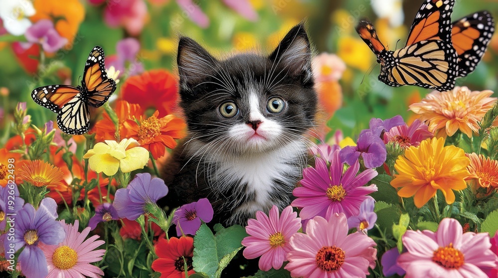 Curious Kitten Amidst a Colorful Garden A CloseUp Perspective of a Black and White Kitten Surrounded by Vibrant Flowers and Butterflies Curious Kitten Amidst a Colorful Garden A CloseUp Perspective of a Black and White Kitten Surrounded by Vibrant Flowers and Butterflies
