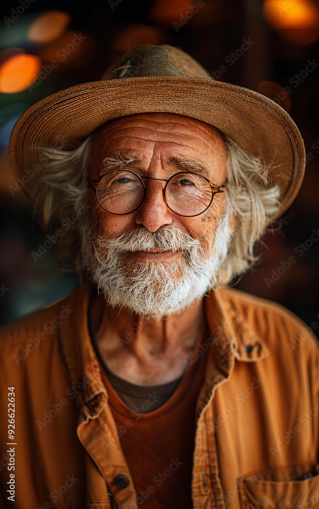 A man with a hat and glasses is smiling. He is wearing a brown shirt and a tan hat A man with a hat and glasses is smiling. He is wearing a brown shirt and a tan hat