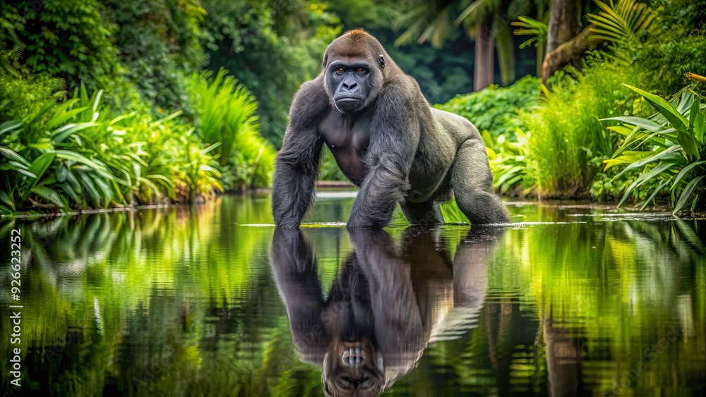 Obraz premium A majestic western lowland gorilla wades through a serene river, its reflection mirrored in the calm water, surrounded by lush green jungle foliage.