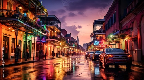 A vibrant New Orleans street at night, illuminated by neon lights.