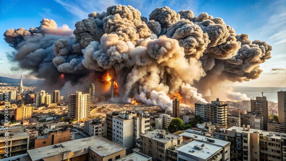 Fototapeta premium A massive mushroom cloud of smoke rises over Beirut's devastated cityscape, with buildings in ruins and debris scattered following a catastrophic explosion.