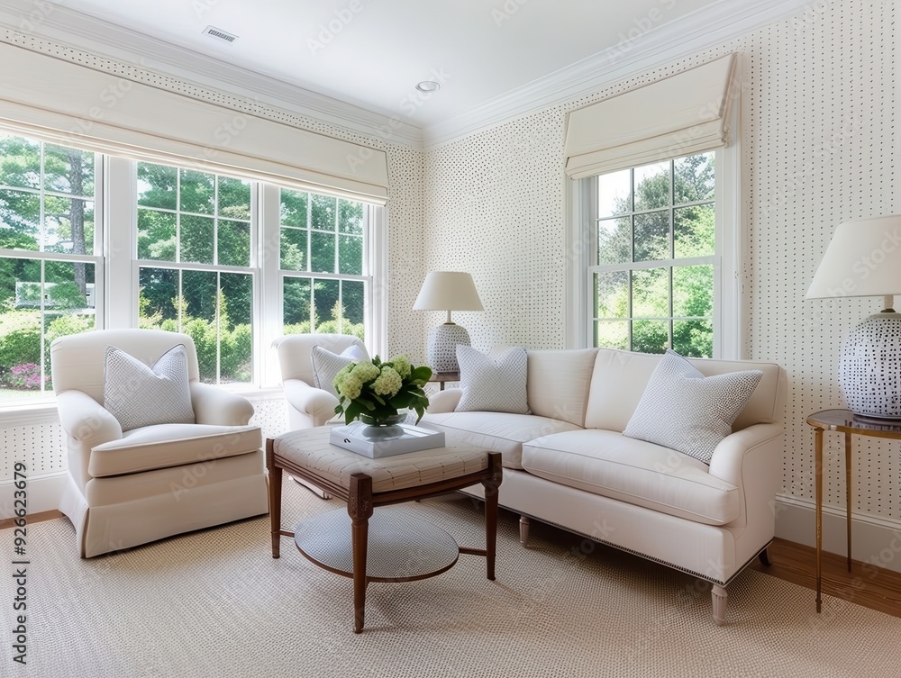 Fototapeta premium Elegant Study Room with Neutral-Colored Wallpaper and Classic Furnishings