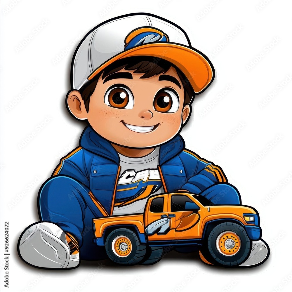 Cute cartoon illustration of a boy playing with a toy truck, colorful line drawing, children's style, simple attire, clean pure white background, hand-drawn material, easy to cut out, 1:1 aspect Cute cartoon illustration of a boy playing with a toy truck, colorful line drawing, children's style, simple attire, clean pure white background, hand-drawn material, easy to cut out, 1:1 aspect