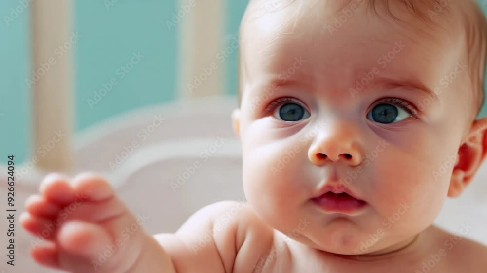 Cherubic baby with bright blue eyes gazes curiously in a softly lit nursery Cherubic baby with bright blue eyes gazes curiously in a softly lit nursery