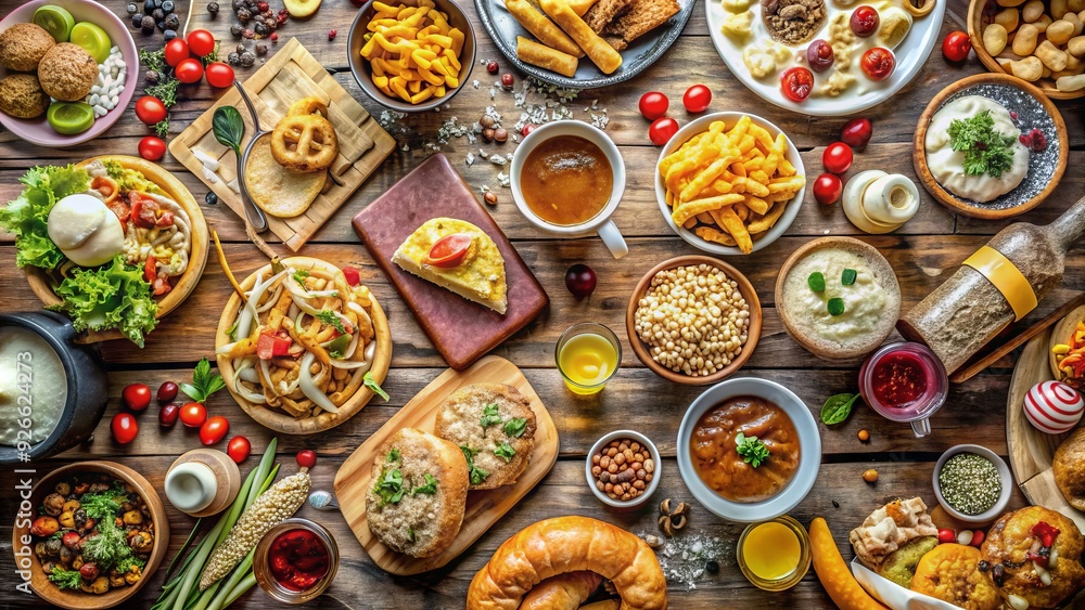 Fototapeta premium A messy table scattered with various foods, utensils, and drinks, depicting a chaotic and indulgent eating session with a playful and whimsical atmosphere.