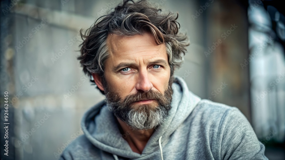 A middle-aged man with a rugged beard and messy hair wears a worn gray sweatshirt, exuding a relaxed and casual aura against a blurred background. A middle-aged man with a rugged beard and messy hair wears a worn gray sweatshirt, exuding a relaxed and casual aura against a blurred background.