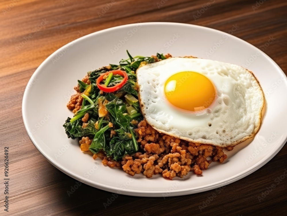 Delicious plate of fried rice topped with a sunny side up egg and mixed greens, perfect for a satisfying meal. Delicious plate of fried rice topped with a sunny side up egg and mixed greens, perfect for a satisfying meal.