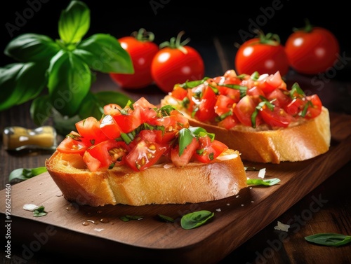 Delicious tomato bruschetta topped with fresh basil, served on a wooden board for a vibrant culinary presentation.