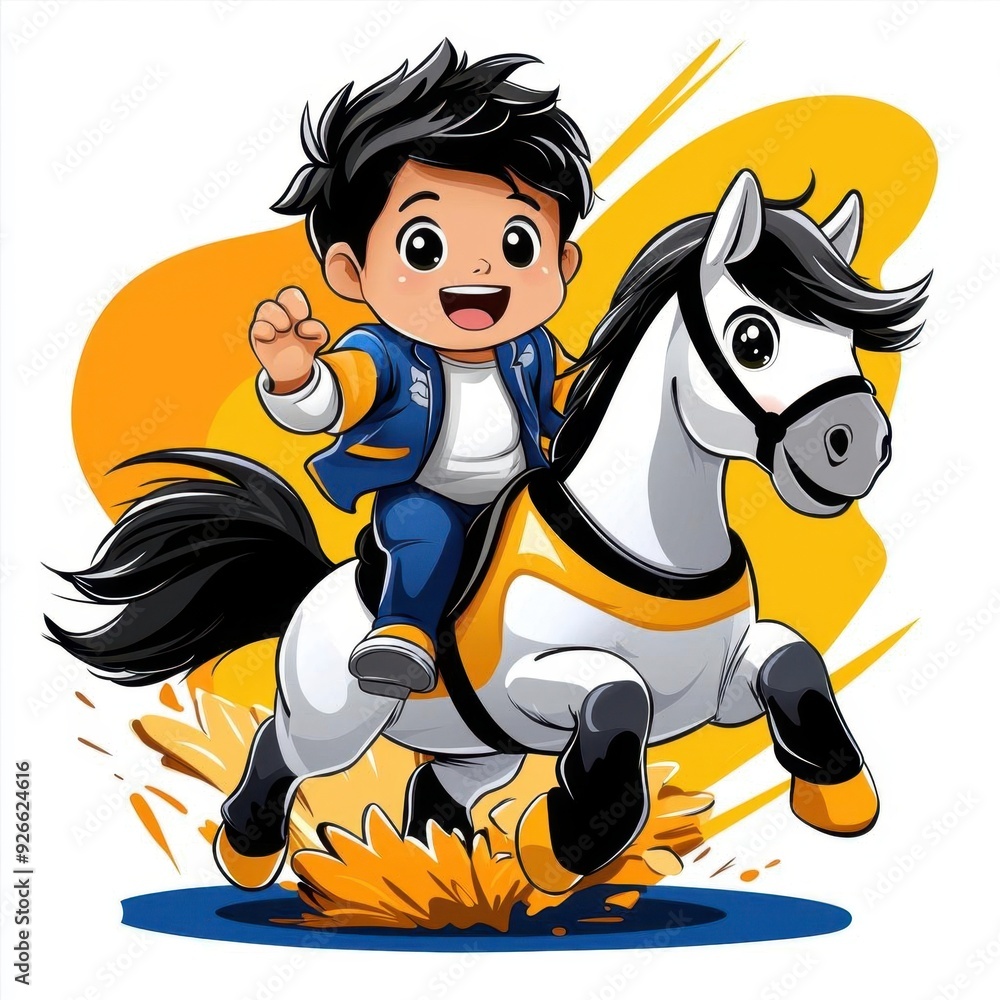 Cute cartoon illustration of a boy riding a toy horse, colorful line drawing, children's style, simple attire, clean pure white background, hand-drawn material, easy to cut out, 1:1 aspect ratio Cute cartoon illustration of a boy riding a toy horse, colorful line drawing, children's style, simple attire, clean pure white background, hand-drawn material, easy to cut out, 1:1 aspect ratio