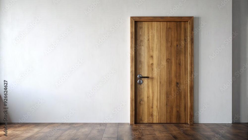 A minimalist interior features a beautiful wooden door with a rusty doorknob set against a crisp white wall, evoking a sense of simplicity and elegance. A minimalist interior features a beautiful wooden door with a rusty doorknob set against a crisp white wall, evoking a sense of simplicity and elegance.