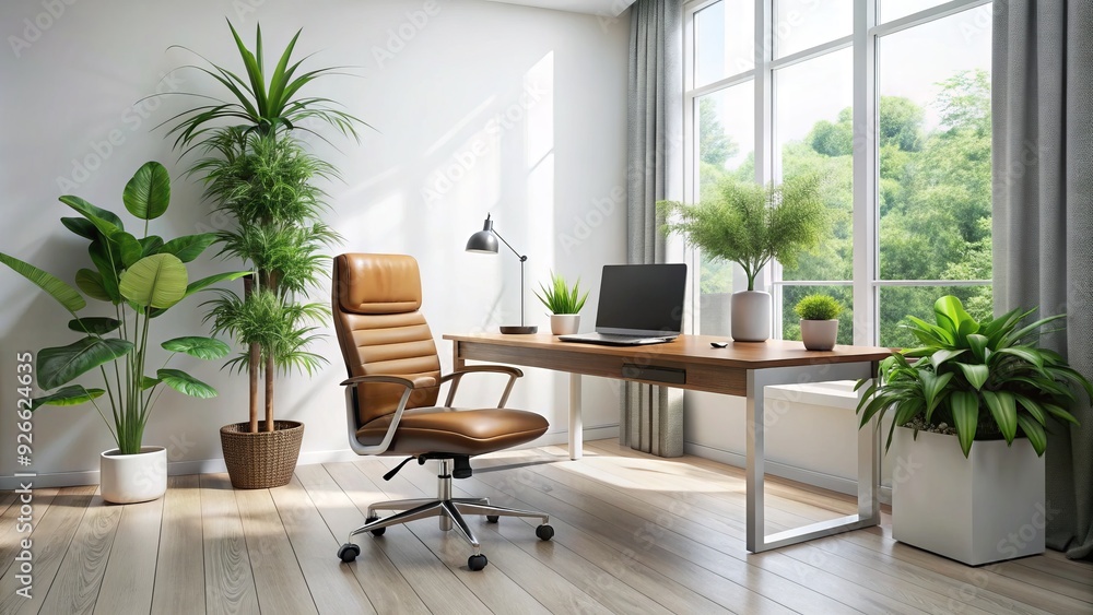 Fototapeta premium A minimalist modern studio setup with a lush green plants, sleek wooden desk, and a comfortable leather chair, surrounded by natural light and white walls.
