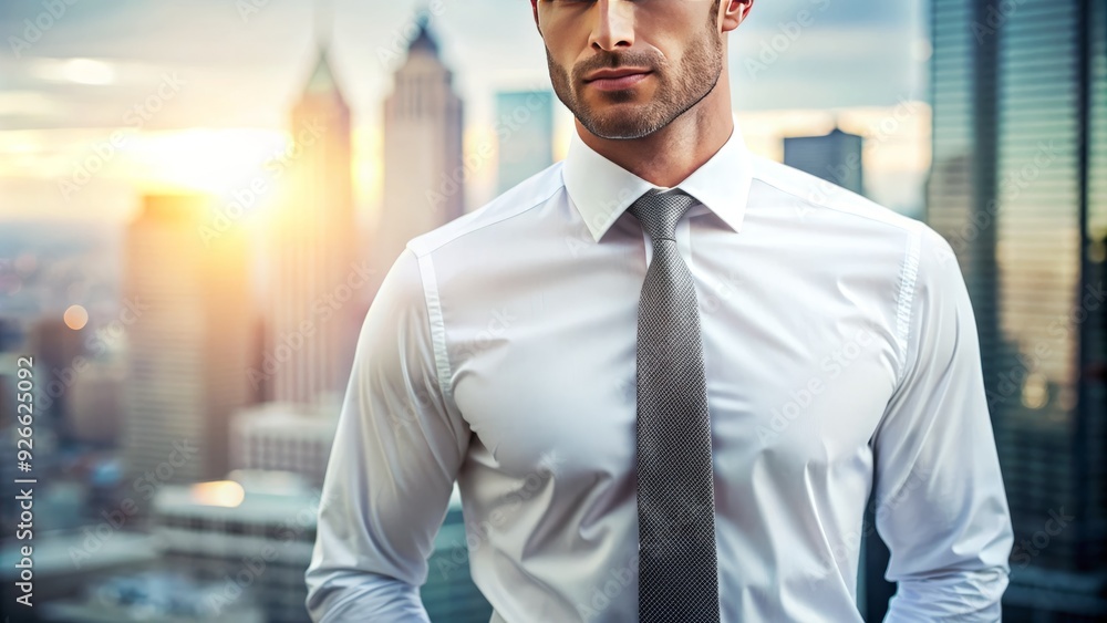 A modern businessman confidently wears a crisp white dress shirt with a slim silver tie, perfectly knotted, against a blurred cityscape background. A modern businessman confidently wears a crisp white dress shirt with a slim silver tie, perfectly knotted, against a blurred cityscape background.