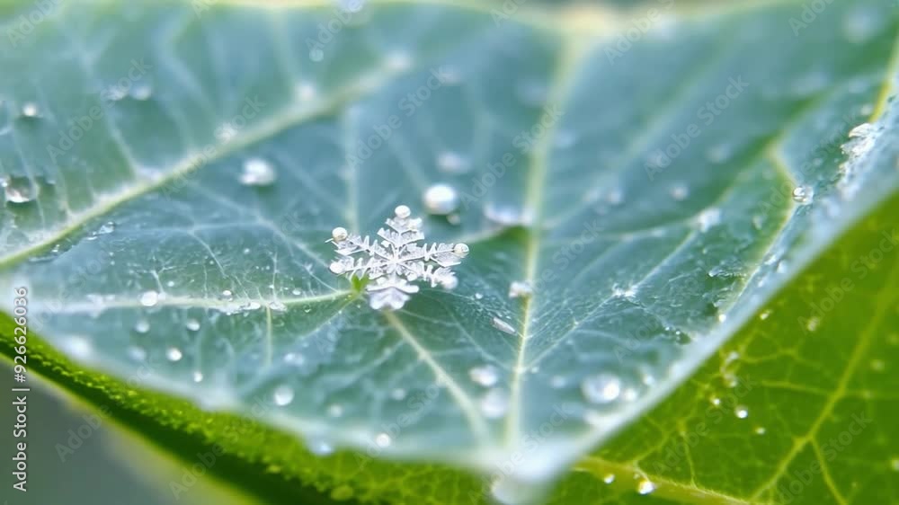 Close-up of a snowflake resting on a green leaf in winter, showcasing intricate details and textures Close-up of a snowflake resting on a green leaf in winter, showcasing intricate details and textures