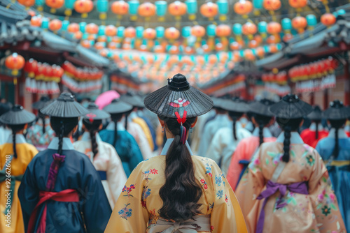 Young womans wearing a hanbok during chuseok festival celebrations