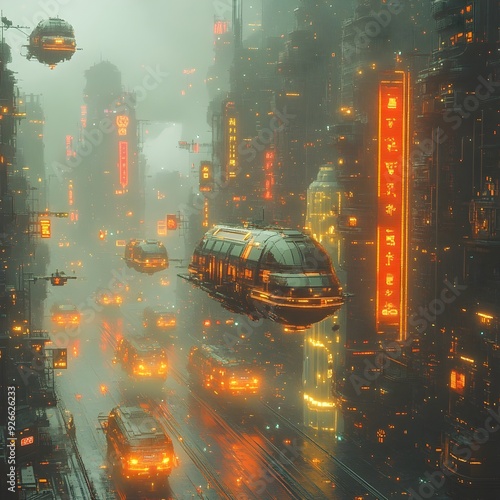 Vibrant Retro-Futuristic Metropolis with Hovering Vehicles and Neon Lights photo