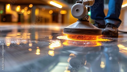 A man worker cleaning the floor with polishing machine 