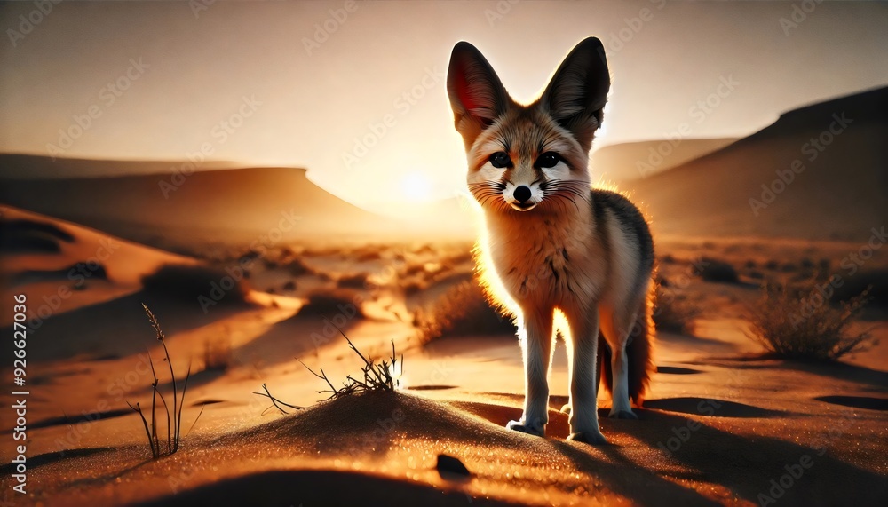 Desert fox or fennec standing alert in the early morning light. Desert fox or fennec standing alert in the early morning light.