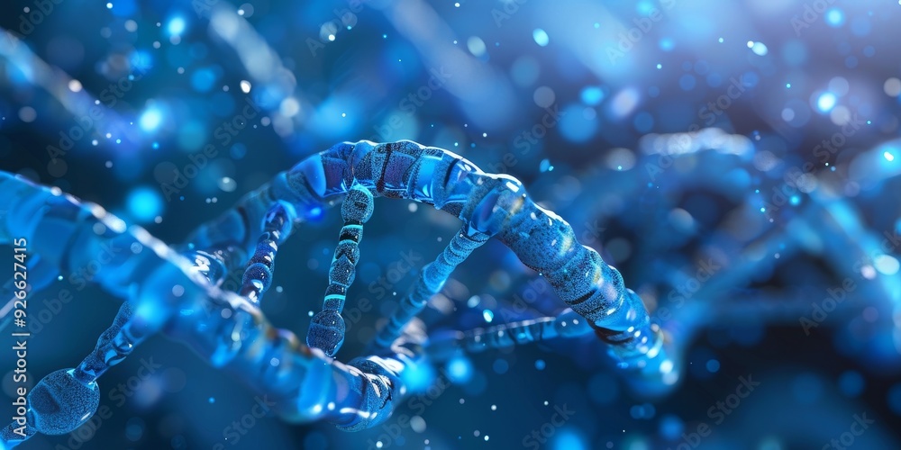 Close-up of a vibrant blue DNA strand with sparkles, representing genetics, biology, and scientific research. Close-up of a vibrant blue DNA strand with sparkles, representing genetics, biology, and scientific research.
