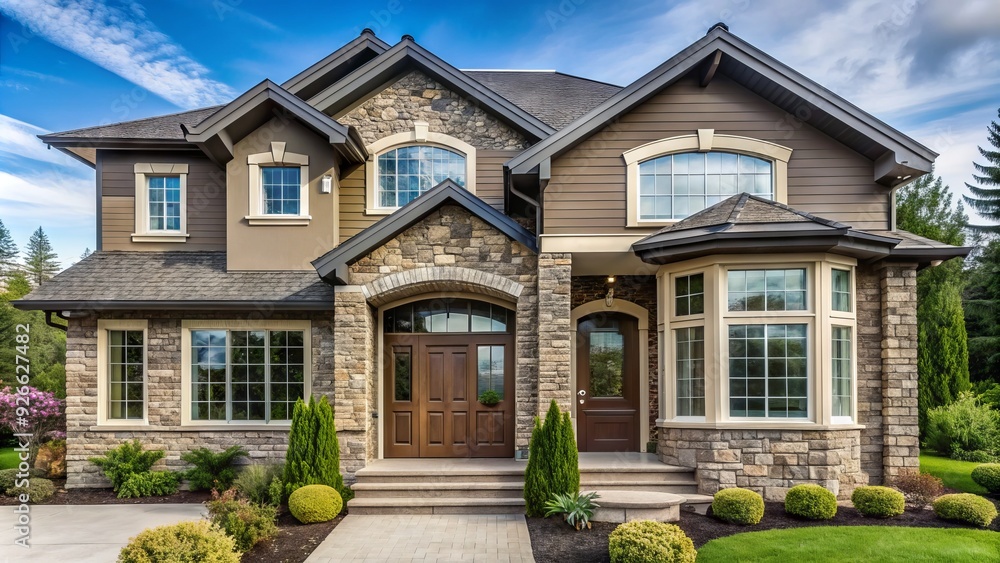 A modern suburban home's exterior wall features a mix of stone, brick, and stucco finishes, accentuated by large windows and a welcoming front entrance. A modern suburban home's exterior wall features a mix of stone, brick, and stucco finishes, accentuated by large windows and a welcoming front entrance.