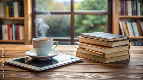 A modern tablet computer lies open on a wooden table, surrounded by stacked books and a cup of steaming coffee, evoking a cozy reading atmosphere.