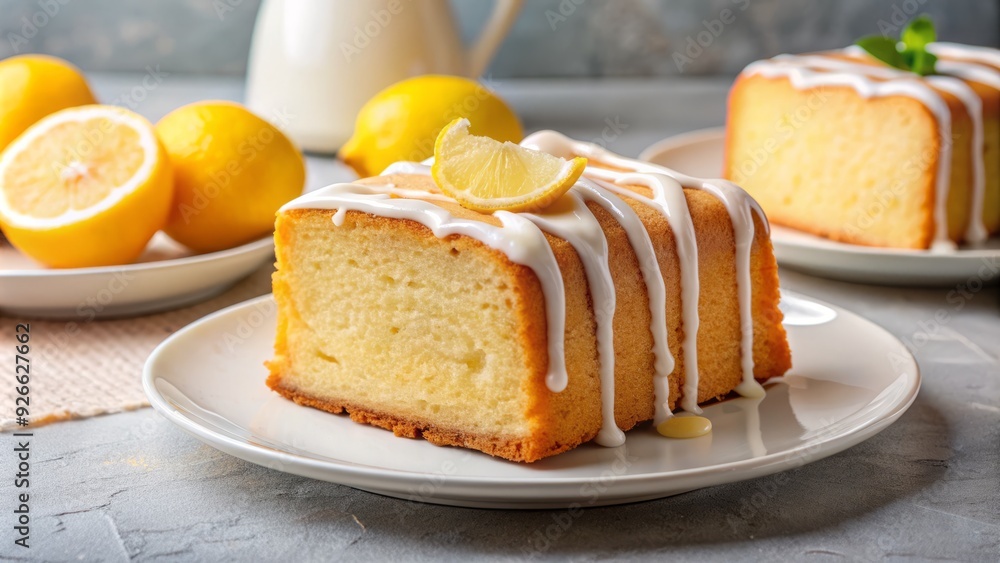 A moist and flavorful slice of lemon pound cake, topped with a light powdered sugar glaze, sits on a white ceramic plate against a soft background. A moist and flavorful slice of lemon pound cake, topped with a light powdered sugar glaze, sits on a white ceramic plate against a soft background.