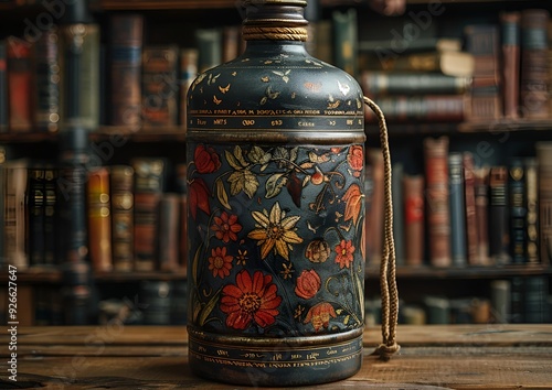 A decorative bottle featuring a floral design rests elegantly on a wooden table.