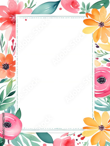 Frame with pink and yellow watercolor flowers. Raster illustration with copy space.