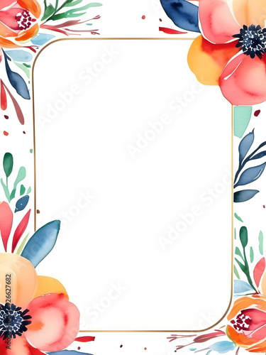 Frame with pink and yellow watercolor flowers and blue leaves. Raster illustration with copy space.