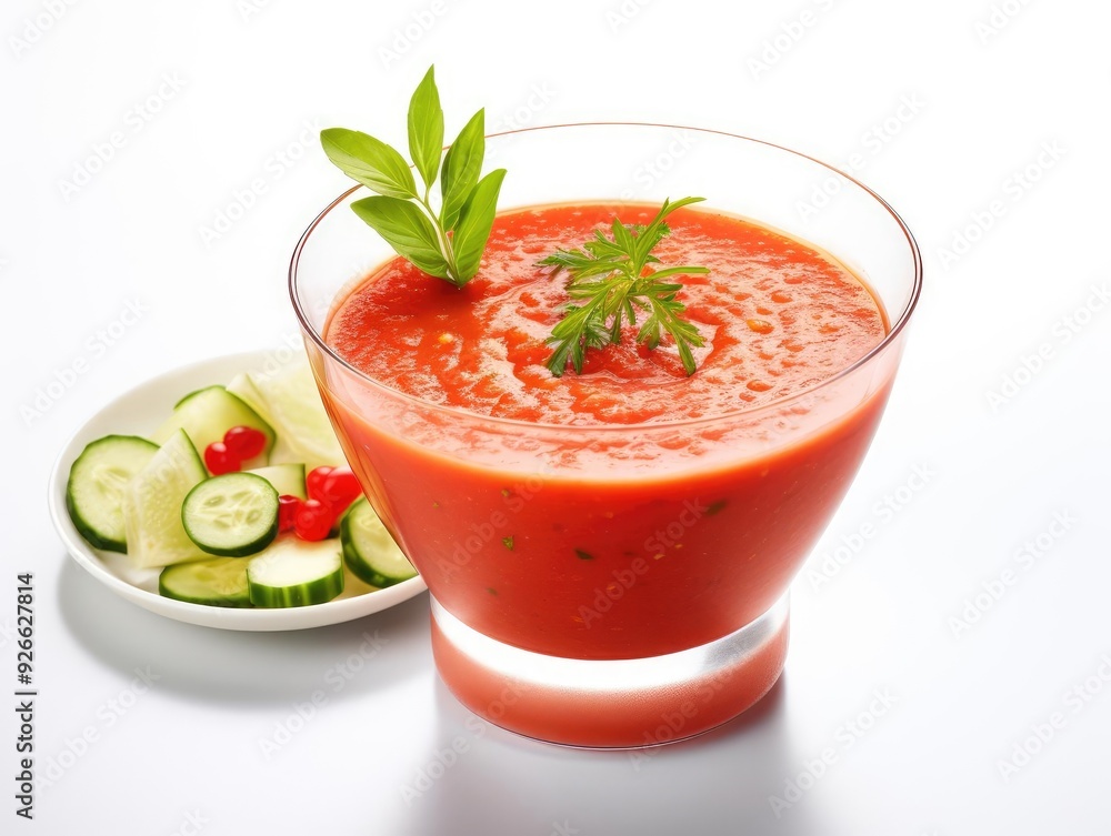 Fresh and vibrant gazpacho served in a glass with cucumber slices and cherry tomatoes, garnished with herbs. Fresh and vibrant gazpacho served in a glass with cucumber slices and cherry tomatoes, garnished with herbs.