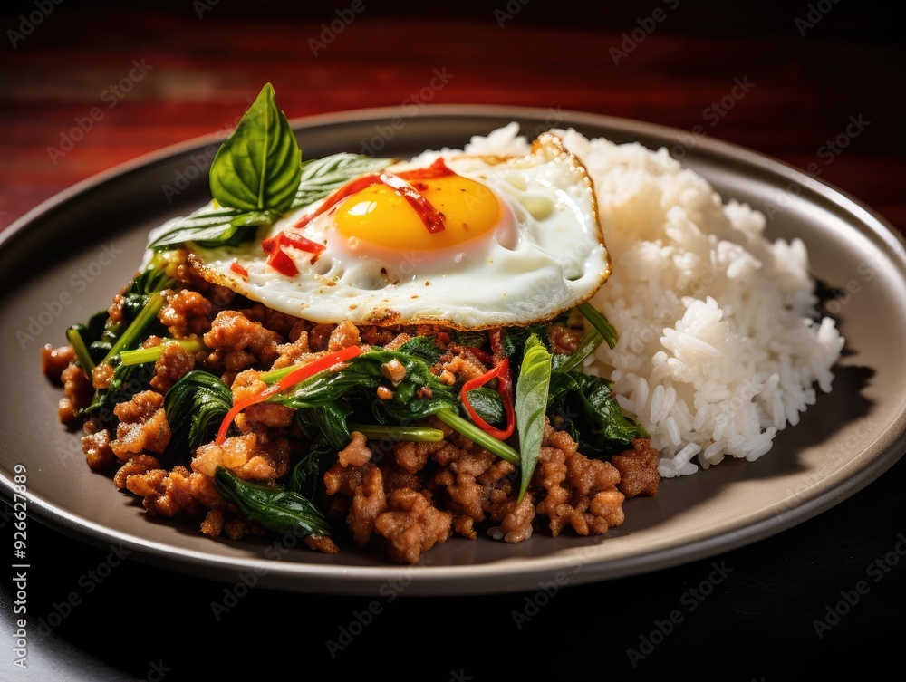Delicious plate of stir-fried meat with spinach, topped with a sunny-side-up egg and served with fluffy rice. Delicious plate of stir-fried meat with spinach, topped with a sunny-side-up egg and served with fluffy rice.