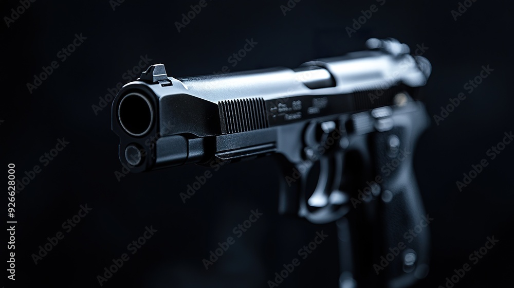 A complete view of a firearm, capturing its sleek lines and mechanical details, isolated on a dark background for a focused and clear presentation A complete view of a firearm, capturing its sleek lines and mechanical details, isolated on a dark background for a focused and clear presentation