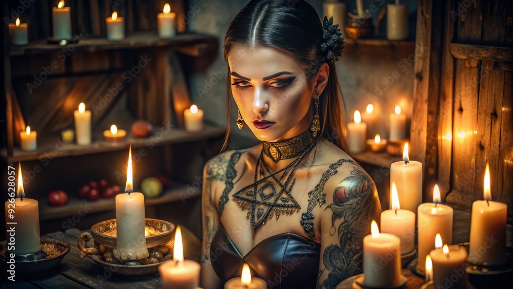 Naklejka premium A mystical woman with a intricate pentagram tattoo on her neck, surrounded by candles, crystals, and ancient tomes, embodies the essence of modern witchcraft.