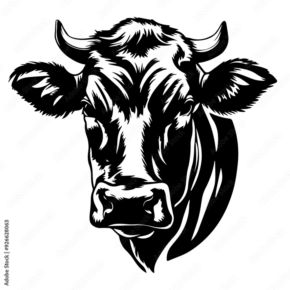A bold and detailed black vector illustration of a cow's head A bold and detailed black vector illustration of a cow's head