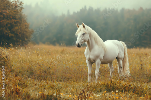 Majestic white horse standing in an autumn field, surrounded by nature's warm hues.