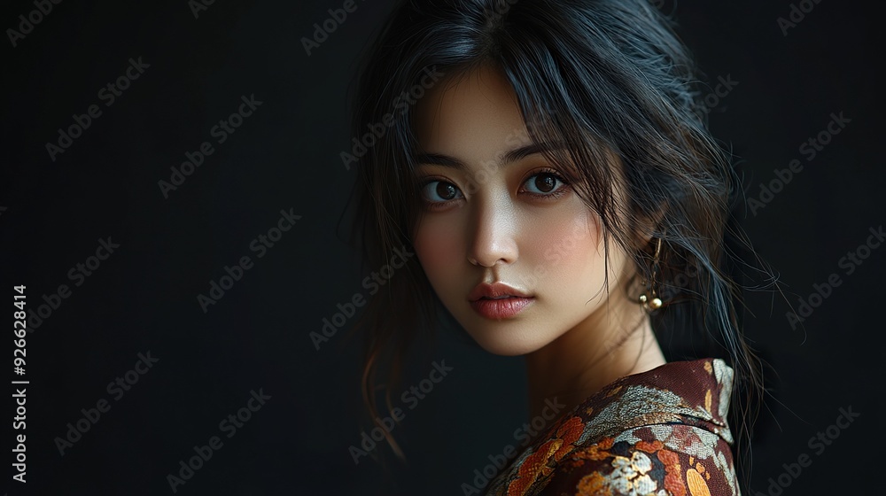 A complete view of a Japanese woman in modern fashion, such as a stylish dress or contemporary outfit, capturing her fashionable and sophisticated look, isolated on a dark background A complete view of a Japanese woman in modern fashion, such as a stylish dress or contemporary outfit, capturing her fashionable and sophisticated look, isolated on a dark background