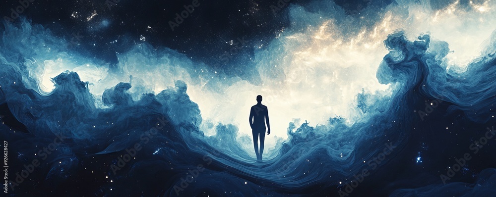 A lone figure walks towards a bright light in a dark, cloudy sky. A lone figure walks towards a bright light in a dark, cloudy sky.